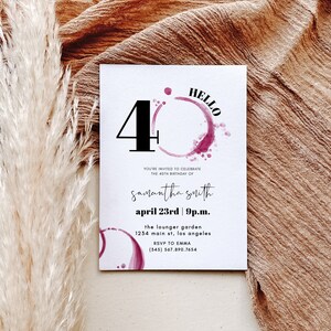 Op de afbeelding: Een witte uitnodigingskaart met de tekst "HELLO" en "40" in zwart. De uitnodiging is voor de 40e verjaardag van Samantha Smith op 23 april om 21.00 uur. Het ontwerp bevat een wijnvlek.
