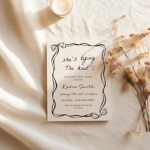 Editable Bow Coquette Bridal Shower Invitation Template, She&#39;s Tying the Knot Wedding Shower Invite, Bow Theme Bridal Shower Invite, Evite