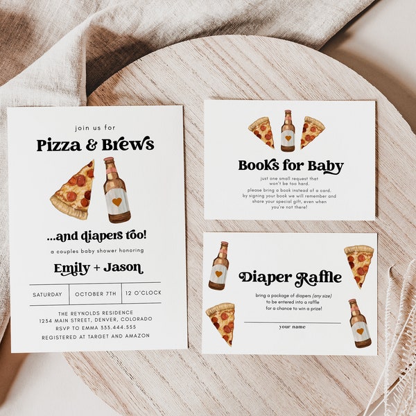 Pizza and Brews Baby Shower Invitation Bundle, Pizza Baby Shower Invitation Set, Slice Slice Baby Shower Invite, Pizza Coed Baby Shower