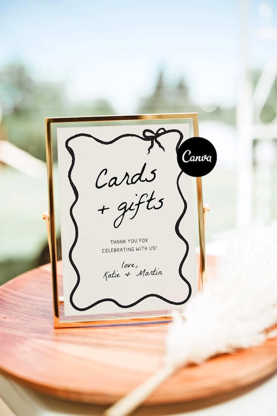 Hand Drawn Cards and Gifts Sign Template, Wedding Card Box Sign, Handwritten Whimsical Wedding Signs, Wavy Wedding Table Signs, Ribbon Decor