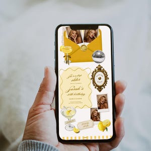May include: A smartphone displays a digital invitation for Sarah's 30th birthday. The design features a yellow envelope with photos, a cocktail illustration, lemons, and the text "She is a drop older".