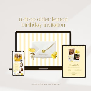 May include: A digital design featuring a lemon-themed birthday invitation displayed on a laptop, tablet, and smartphone. The invitation includes the text "a drop older lemon birthday invitation" and "the details". The design is 100% editable on Canva.