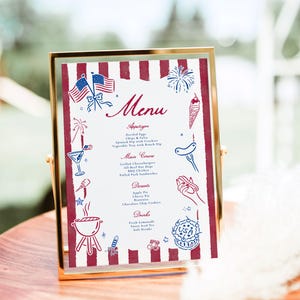 May include: A vertical menu card in a gold frame featuring red and white vertical stripes. The text reads Menu, Appetizers, Main Course, Desserts, and Drinks, with illustrations of American flags, fireworks, a grill, and food items in red and blue.