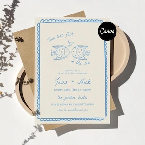 Modello di invito per addio al nubilato "Due pesci in meno nel mare", addio al nubilato per coppie di pescatori, addio al nubilato per pescatori, addio al nubilato per coppie di pescatori