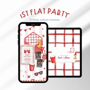 May include: A smartphone and tablet displaying a 1ST FLAT PARTY birthday website template. The screens feature red and white plaid patterns, red party cups, a gold number one balloon, and text including Our first FRAT PARTY, Carl + Adam.