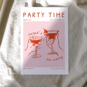 Pink and Red Coquette Birthday Invitatin, Martini Birthday Invitation Template, Hand Drawn Birthday Invitation, Unique Birthday Invite DIY