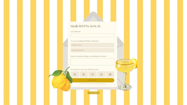 May include: Digital invitation design with a yellow and white striped background. The invitation includes an RSVP form, a cocktail, and lemons. The text reads "Kindly RSVP by 14.06.26".