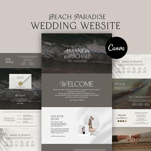 Könnte beinhalten: Ein Hochzeitswebsite-Design mit dem Text "Beach Paradise Wedding Website". Die Website enthält Abschnitte für den Veranstaltungsort, RSVP, Registrierung, Wochenend-Reiseplan, Ablauf der Veranstaltungen, Reise und Unterkünfte. Die Website hat ein Strandthema.