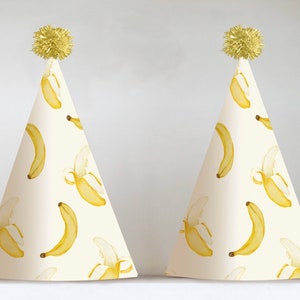 Banana Party Hat Printable, Banana Party Decorations, Tropical Summer Birthday Party Hats Kids, Fruits Party hats Printable DIY