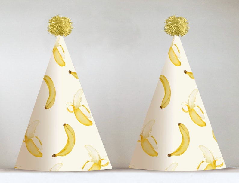 Chapeau de fête de banane imprimable, décorations de fête de banane, chapeaux de fête d'anniversaire d'été tropical enfants, chapeaux de fête de fruits bricolage imprimable image 1