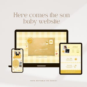 Pode incluir: Um design de site para bebês exibido em um laptop, tablet e smartphone. O design apresenta um fundo xadrez amarelo, um gráfico de sol e um envelope em estilo de convite. O texto diz "Here comes the son baby website."