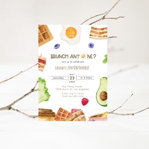 May include: A watercolour illustration of a brunch-themed invitation for a 7th birthday party. The invitation features a variety of breakfast foods, including waffles, eggs, bacon, avocado, and a cup of coffee. The text on the invitation reads "BRUNCH ANYONE?" and "LANNA'S 7TH BIRTHDAY". The invitation also includes the date, time, and location of the party.