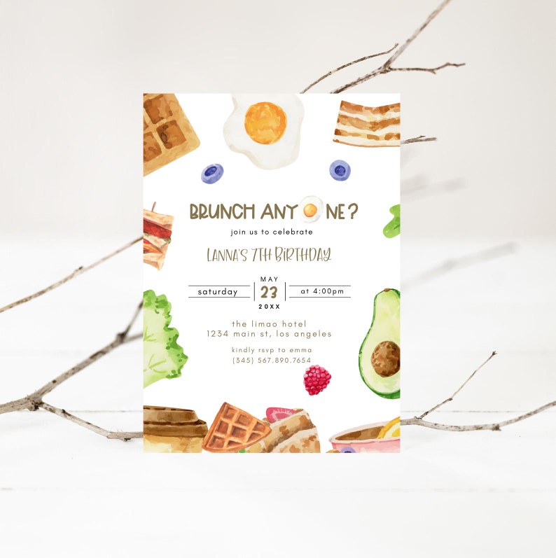 May include: A watercolour illustration of a brunch-themed invitation for a 7th birthday party. The invitation features a variety of breakfast foods, including waffles, eggs, bacon, avocado, and a cup of coffee. The text on the invitation reads "BRUNCH ANYONE?" and "LANNA'S 7TH BIRTHDAY". The invitation also includes the date, time, and location of the party.