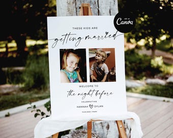 Deze kinderen gaan trouwen bord, welkomstbord bruiloftsrepetitie diner, kinderfoto welkom, sjabloon 'The Night Before' welkomstbord