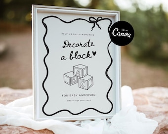 Cartello per baby shower "Decora un blocco", Decora un blocco per neonati, Blocchi per decorazioni per baby shower, Attività con blocchi per neonati "Costruisci ricordi" su Canva