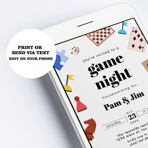 May include: A white smartphone displaying a game night invitation with colorful illustrations of game pieces. The invitation reads "You're invited to a game night housewarming for Pam & Jim" with the date and time of the event.