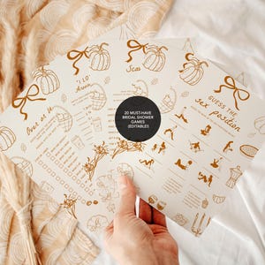 Könnte beinhalten: Zwei beige Brautparty-Spielkarten mit braunen Illustrationen von Kürbissen, Schleifen und Text. Auf einer Karte steht "Over or U" und auf der anderen "Guess the sex position". Ein schwarzer Kreis lautet "20 Must-Have Bridal Shower Games (editierbar!)".