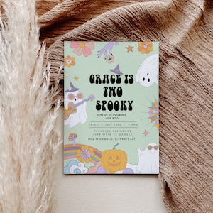 Two Spooky Birthday Invitation Template, Halloween 2nd Birthday Invitation, Girl Halloween Birthday Theme, Groovy Halloween Party Evite DIY