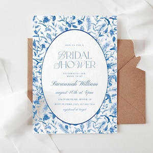 Something Blue Bridal Shower Invitation Template, Vintage Blue Floral Bridal Shower Invite, Chinoiserie Bridal Shower Invitation