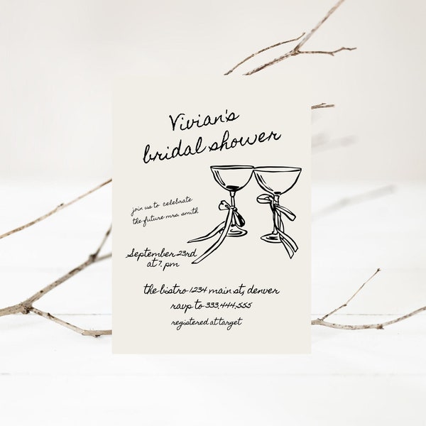 Hand Drawn Scribble Bridal Shower Quirky Invitation Template Hens Part Invite Ribbon Bow Coquette Bridal Shower Theme 2024 EVITE