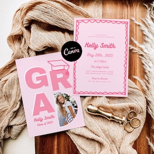 Pink Bow Graduation Invitation, Grad Canva Template, Editable Girly Grad Party Invite, Pink Coquette Bow, Aesthetic Senior Announcement