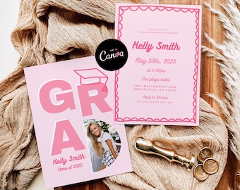 Pink Bow Graduation Invitation, Grad Canva Template, Editable Girly Grad Party Invite, Pink Coquette Bow, Aesthetic Senior Announcement