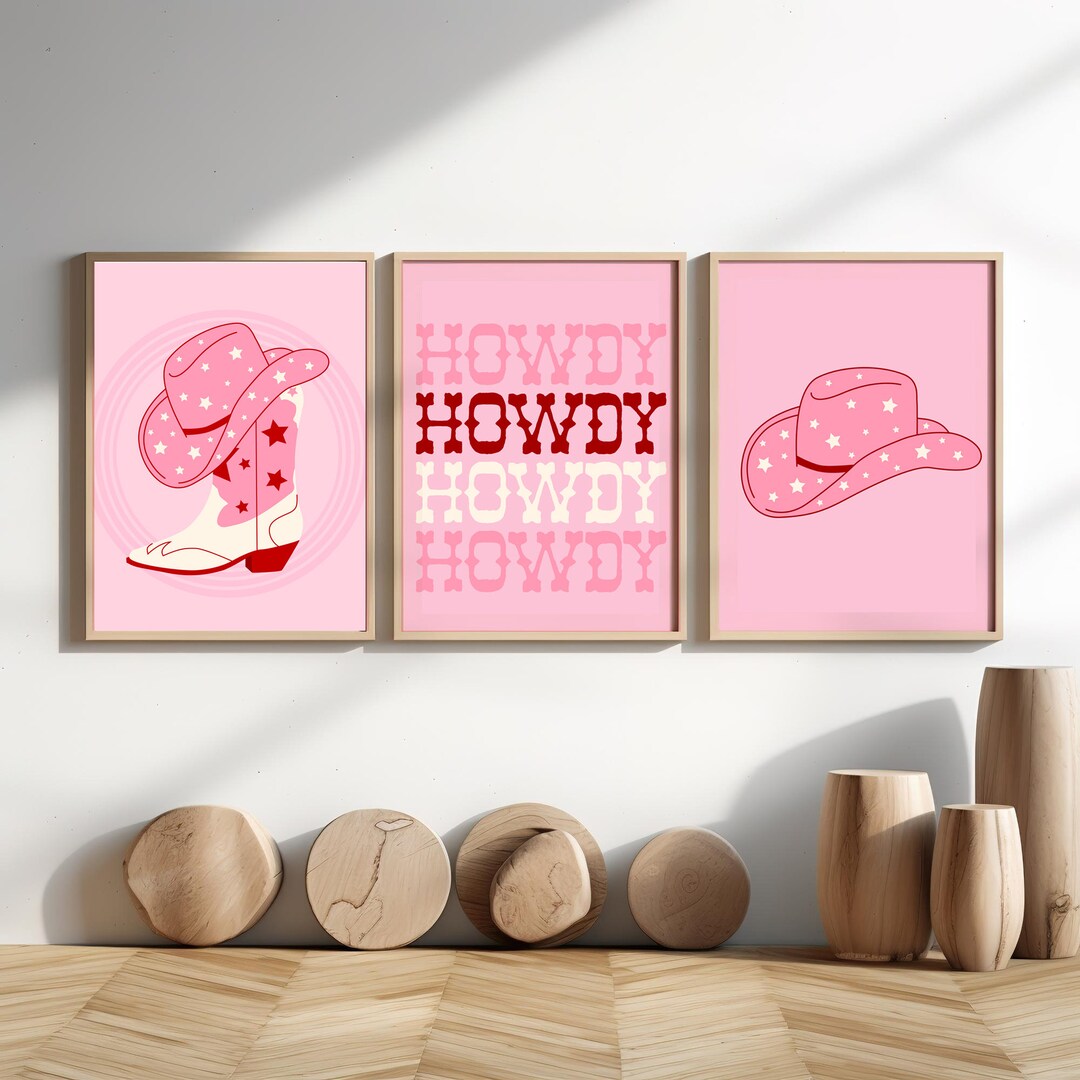 Cowgirl Wall Art Decor Printable, Pink Cowgirl Art Decor, Howdy Set of ...