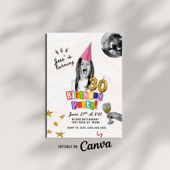 Fun 30th Birthday Invitation Template, Photo Birthday Invite Editable Canva, 21st Invitation ANY AGE modern aesthetic
