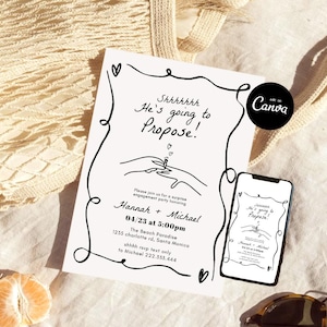 Puede incluir: Una invitación blanca para una fiesta de compromiso con texto manuscrito negro y un dibujo lineal de un anillo en una mano. La invitación incluye el texto "Shhhhh He's going to Propose!" y los detalles del evento. Un smartphone muestra la invitación.