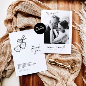 Modèle de carte de remerciement photo moderne, carte de remerciement pour la douche nuptiale, carte de remerciement de mariage moderne, photo de mariage minimaliste Merci sur toile
