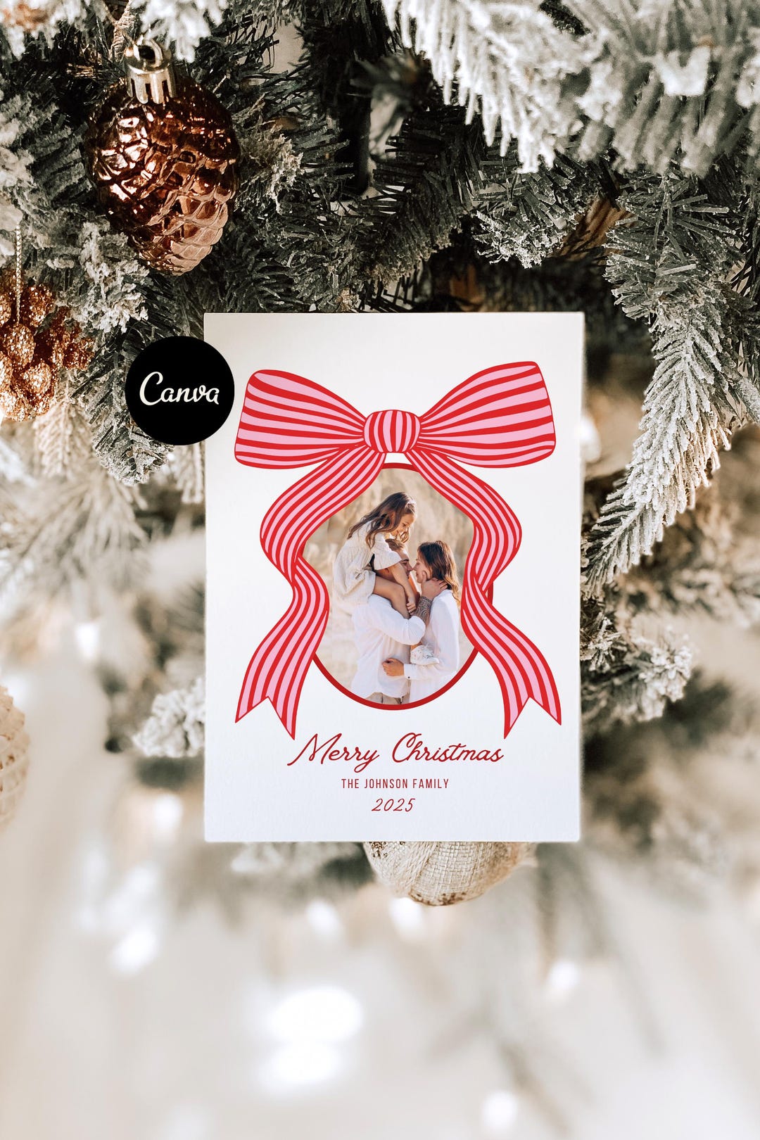 Editable Holiday Photo Card Template, Christmas Bow Family Photo Card