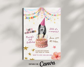 Whimsy Face Birthday Photo Invitation Fancy Colorful Canva Whimsical Evite 30th 21st 20th any age template paper chains