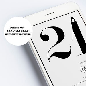 May include: A black and white digital invitation with the number 21 and a lit candle. The text reads "Join us to celebrate Alelle Smith, the limao hotel, 1234 main st, los angeles, kindly rsvp to emma (545) 567.890.7654, registered at amazon".