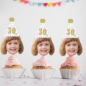 Regenbogen Cupcake Toppers mit Foto zum Ausdrucken, benutzerdefinierte Gesicht Cupcake Toppers zum Ausdrucken, Kinder Gesicht rosa Kuchen Toppers, druckbare Party Dekoration