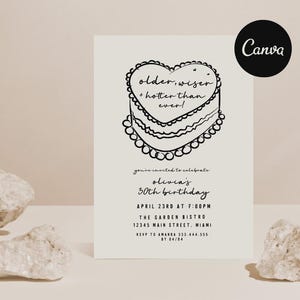 Invitación de cumpleaños para mayores, sabios y más sexys, cumpleaños número 30 único, invitaciones modernas para el 30, invitación para el 21, ¡Salud por los 20 años!, invitación con forma de pastel de corazón. imagen 1