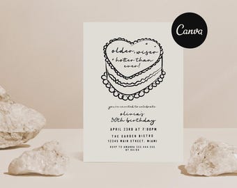 Older Wiser Hotter Birthday Invite, Unique 30th Birthday, Trendy 30th Invites, 21st Birthday Invite, Cheers to 20 Years, Heart Cake Invite