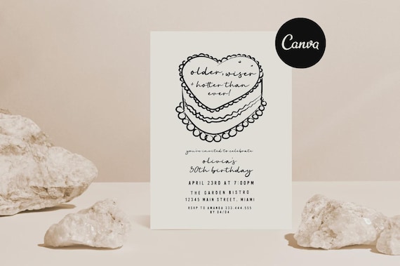 Older Wiser Hotter Birthday Invite, Unique 30th Birthday, Trendy 30th Invites, 21st Birthday Invite, Cheers to 20 Years, Heart Cake Invite