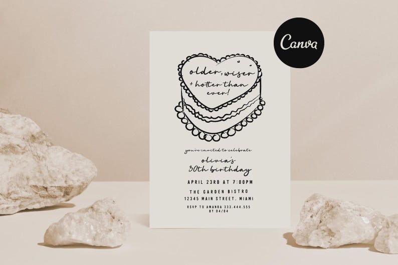 Invitación de cumpleaños para mayores, sabios y más sexys, cumpleaños número 30 único, invitaciones modernas para el 30, invitación para el 21, ¡Salud por los 20 años!, invitación con forma de pastel de corazón. imagen 1