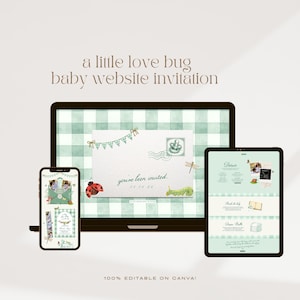 May include: A baby website invitation design displayed on a laptop, tablet, and smartphone. The design features a green and white gingham background, an envelope with a ladybug, and the text "you're been invited". The invitation is 100% editable on Canva.
