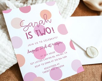 Pink Rainbow Birthday Invitation, Pink Polka Dot Invite, Rainbow Spots Birthday Invitation, Girl 2nd Birthday Invite, Two Much Fun Birthday