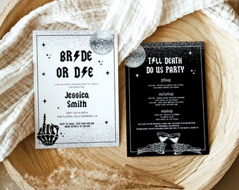 Halloween Bride or Die Bachelorette Invitation & Itinerary, Skull Bachelorette Itinerary, Till Desth Do Us Party Bachelorette Invite, DIY