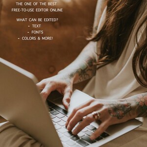 May include: A person using a laptop with the text "THE ONE OF THE BEST FREE-TO-USE EDITOR ONLINE" and "WHAT CAN BE EDITED? - TEXT - FONTS - COLORS & MORE!". The person has tattoos on their arms and is wearing a ring.