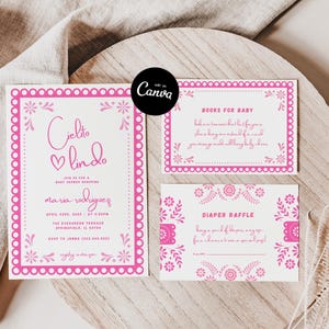 Pink Cielito Lindo Baby Shower Invitation Set, Pink Talavera invitation Mexican baby shower papel picado invite editable Canva template girl