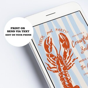 Op de afbeelding: Een blauw-wit gestreepte uitnodiging met een rode kreeft-illustratie. De uitnodigingstekst luidt "Join us for a Crawfish Boil, 14 maart / 16:00 uur, The Collen House, 2345 Main Street, Denver, RSVP naar Email@email.com".