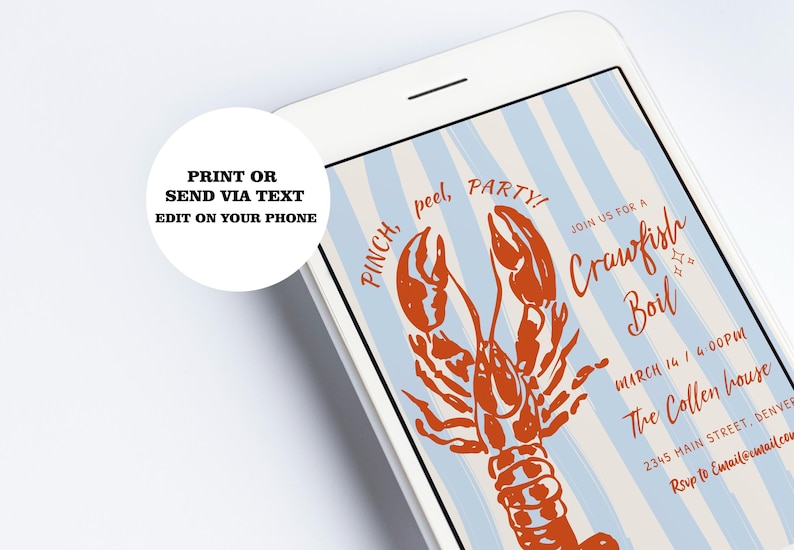 Op de afbeelding: Een blauw-wit gestreepte uitnodiging met een rode kreeft-illustratie. De uitnodigingstekst luidt "Join us for a Crawfish Boil, 14 maart / 16:00 uur, The Collen House, 2345 Main Street, Denver, RSVP naar Email@email.com".