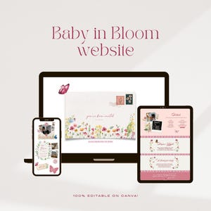 Baby in Bloom Website Vorlage Canva, Wildblumen Baby in Bloom Einladung, Garten Baby Shower Party Frühlingsblumen Schmetterling editierbar