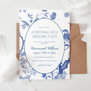 Something Blue Chinoiserie Bridal Shower Invitation Template, Editable Toile de Jouy Wedding Shower Invite, Whimsical Bridal Shower Invite
