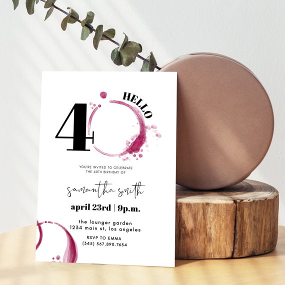 40th Birthday Invitation For Women, Hello Forty Birthday Invitation, Hello Forty Invite, 40th Birthday Evite Text, Wine Stain Invitation