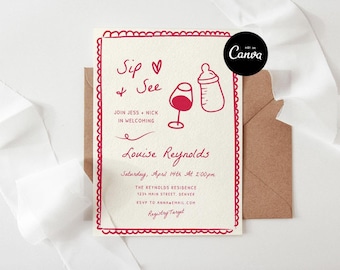Sip and See Baby Shower Invitation, Baby Meet and Greet Invitation, Hand Drawn Sip & See Invite, New Baby Welcome Invite, Welcoming Newborn