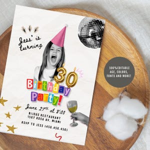 Fun 30th Birthday Invitation Template, Photo Birthday Invite Editable Canva, 21st Invitation ANY AGE modern aesthetic image 2